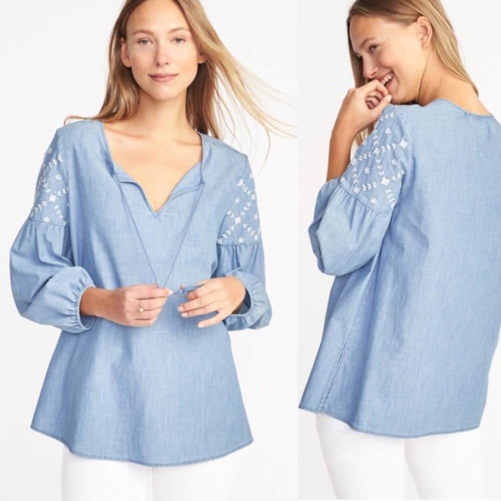 Chambray embroidered floral tunic tassel tie